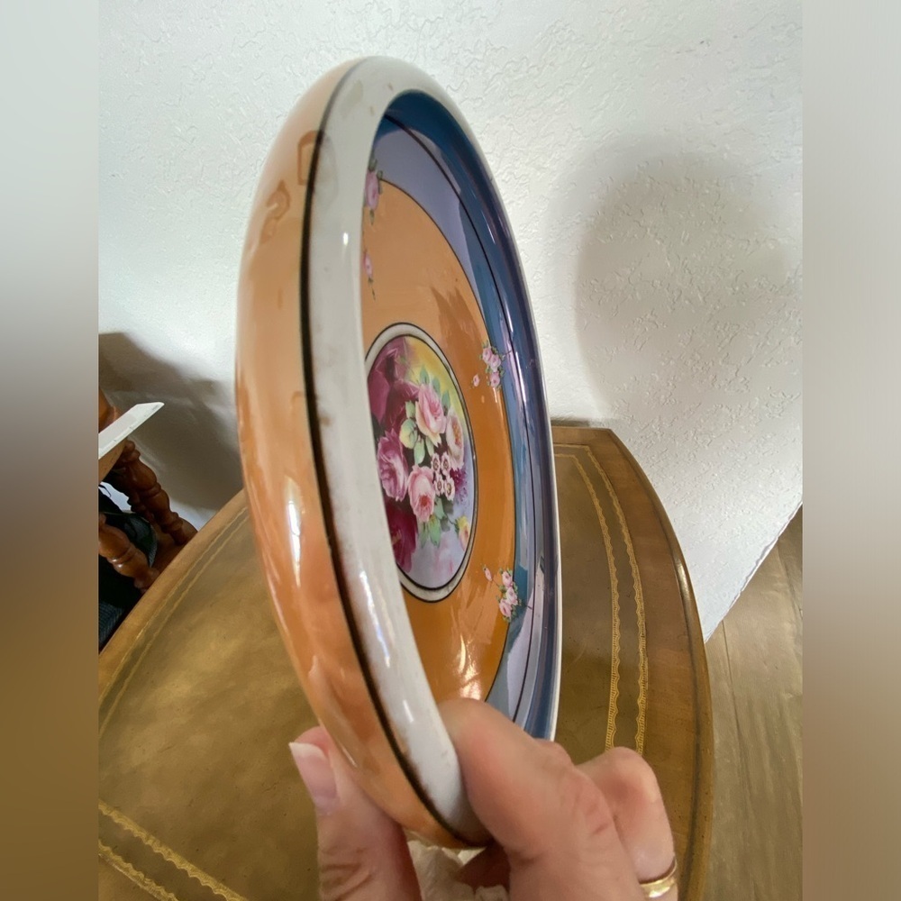 Vintage Noritake Hand Painted Lusterware Large Shallow Bowl Peach Blue Floral - Picture 9 of 9